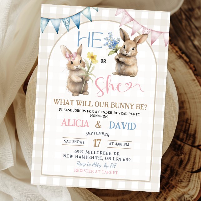 Convites Pink Blue Bunny Floral Gender Reveal (Criador carregado)
