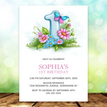 Pink Blue Butterfly Floral 1st Birthday Party
