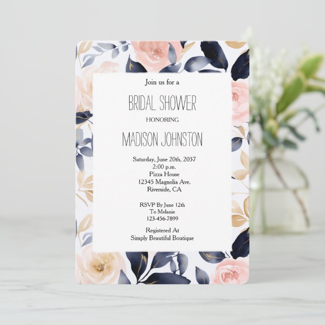 Convites Pink Blue Cream Floral Bridal Shower (Em pé/Frente)