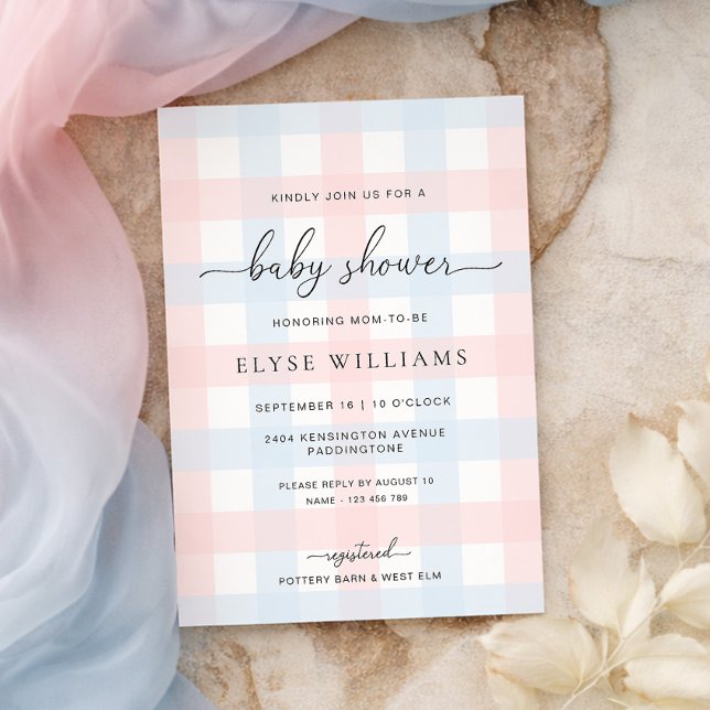 Convites Pink Blue Gingham Baby Shower Invitation (Criador carregado)