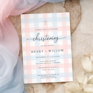 Convites Pink Blue Gingham Christening