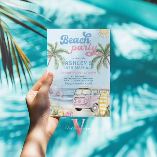 Convites Pink Blue Girl Kid Beach Birthday Party Invitation