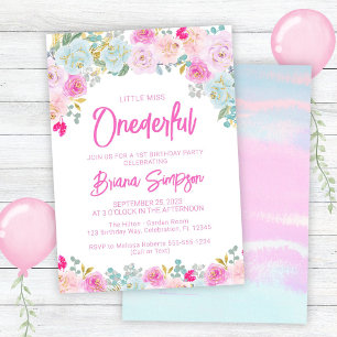 Convites Pink Blue Peach Floral Onederful Aniversário