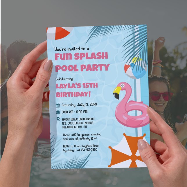Convites Pink & Blue Splash Pool Party Birthday Invitation (Pink & Blue Splash Pool Party Birthday Invitation)