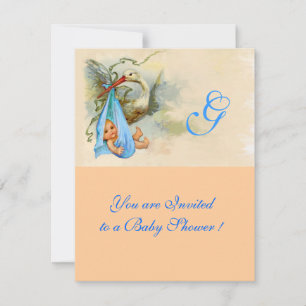 CONVITES PINK BLUE STORK BABY CHÁ MONOGRAM