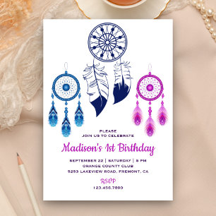 Convites Pink Blue Tribal Boho Dream Catcher Festa de Anive