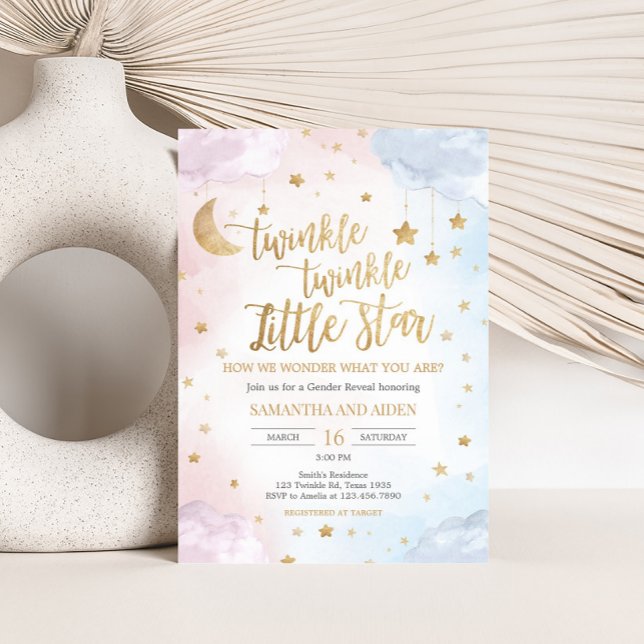 Convites Pink Blue Twinkle Little Star Gender Reveal (Twinkle Little Star Gender Reveal Invitation)
