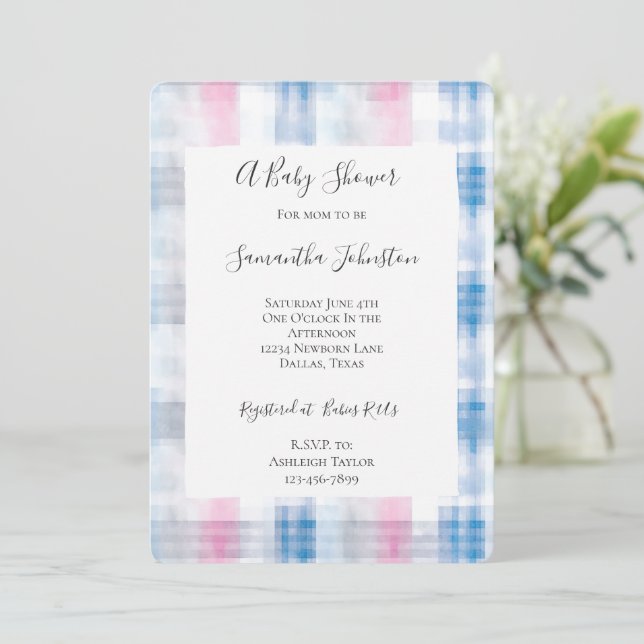 Convites Pink Blue White Plaid Stripes Baby Shower (Em pé/Frente)