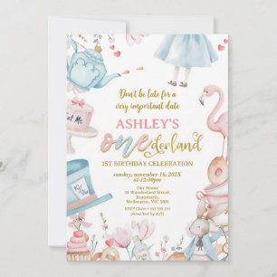 Convites Pink Blue Wildflower Alice Onederland 1º