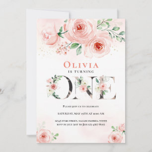 Convites Pink Blush Floral Primeiro Aniversário Gril