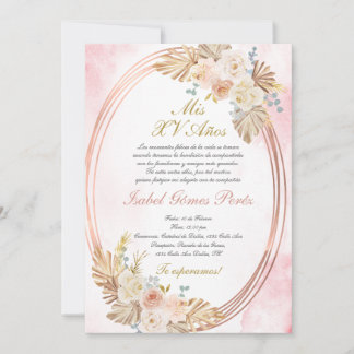 Convites Pink boho Quinceanera invitation in Spanish
