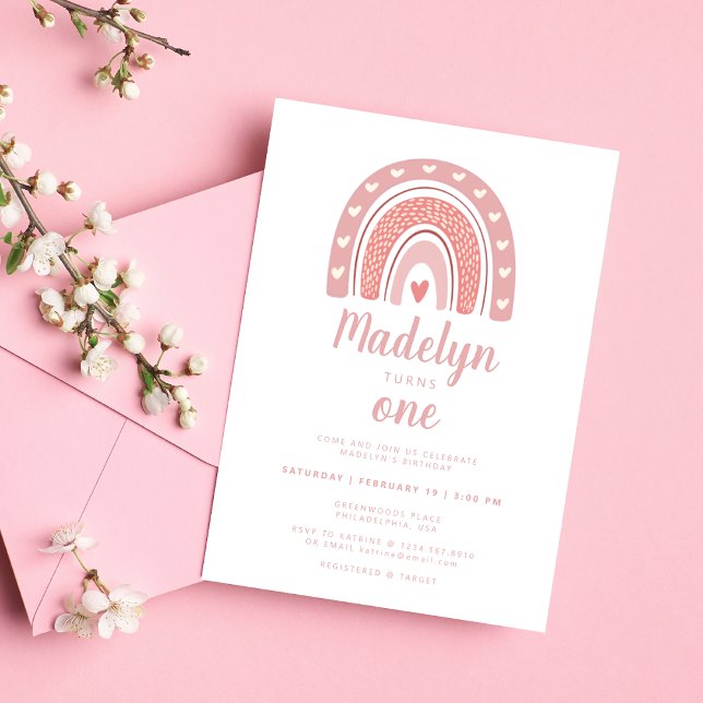 Convites Pink Boho Rainbow Padrão Primeiro Aniversário (Criador carregado)