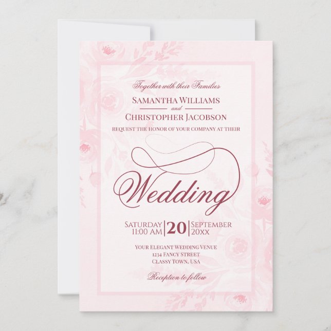 Convites Pink Boho Watercolor Floral Fancy Script Wedding (Frente)