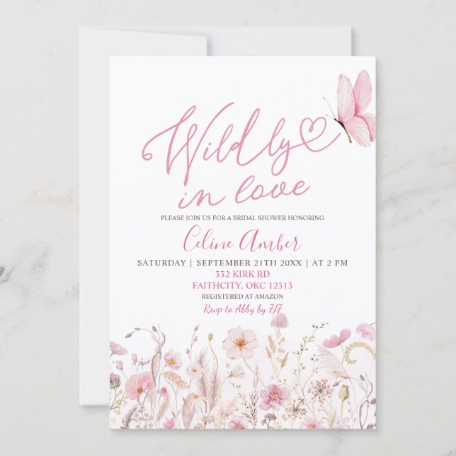 Convites Pink Boho Wildflower Wildly in Love Bridal Shower (Frente)