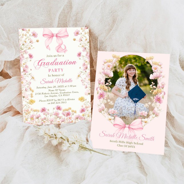 Convites Pink Boho Wildflowers Graduation Party (Criador carregado)