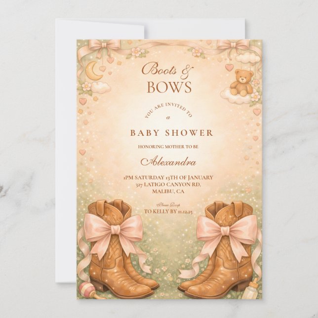 Convites Pink Boots And Bows Girl Baby Shower (Frente)