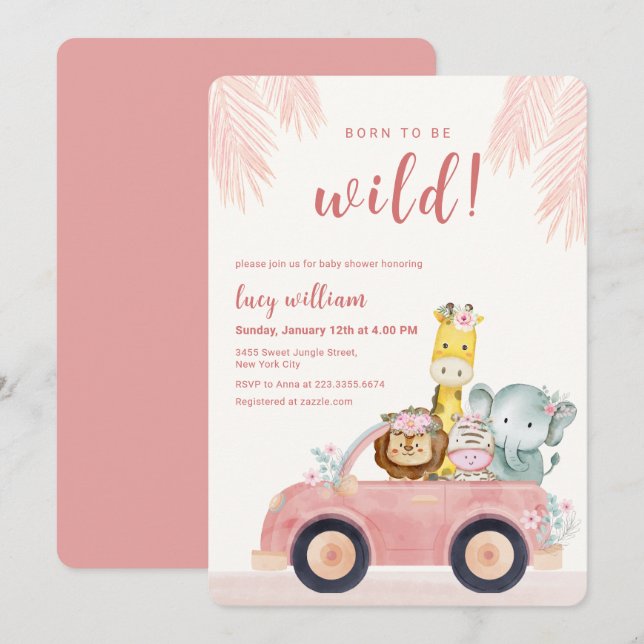 Convites Pink Born To Be Wild Safari Animals Baby Shower (Frente/Verso)