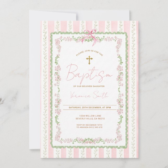 Convites Pink Botanical Baptism Girl Christening Invitation (Frente)