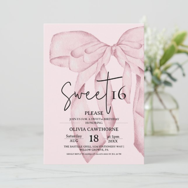 Convites Pink Bow 16th Birthday ⎮ Elegant Sweet 16 (Em pé/Frente)