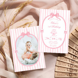 Convites Pink Bow 1st Birthday Girl Photo Invitation