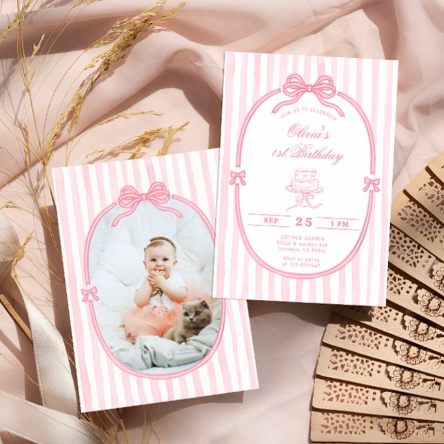 Convites Pink Bow 1st Birthday Girl Photo Invitation (Criador carregado)