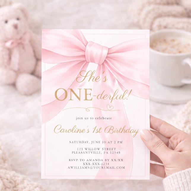Convites 🎀 Pink Bow 1st Birthday Invitation 💕 (Criador carregado)
