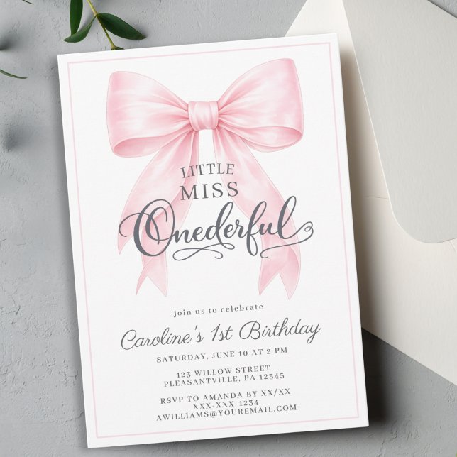 Convites 🎀 Pink Bow 1st Birthday Invitation 💕 (Criador carregado)