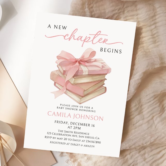 Convites Pink Bow A New Chapter Books Baby Shower (Criador carregado)