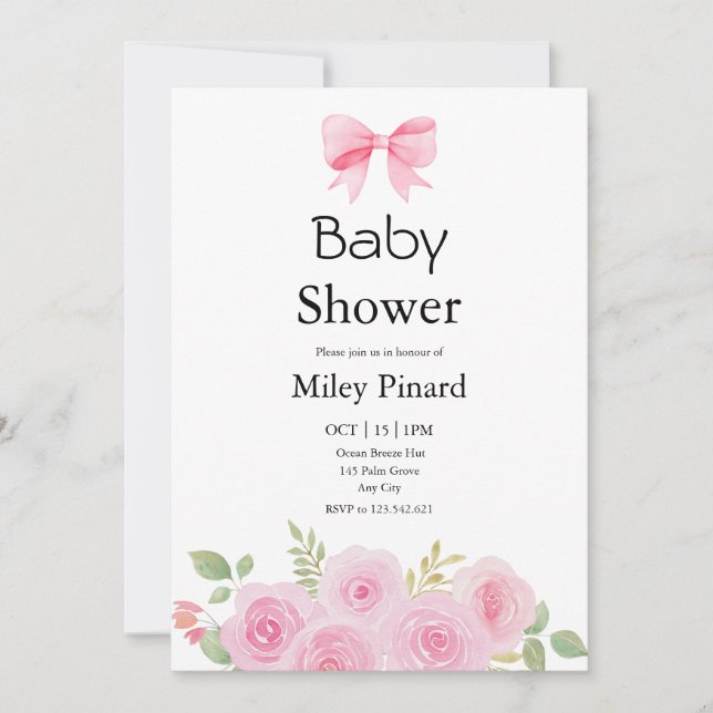 Convites Pink Bow and Floral Baby Shower Invitation (Frente)
