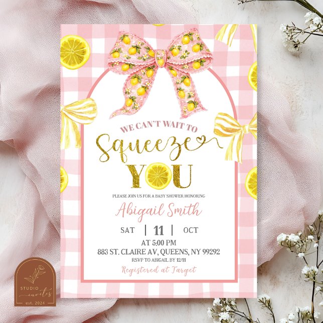 Convites Pink Bow and Yellow Lemon Baby Shower Invitation (Criador carregado)