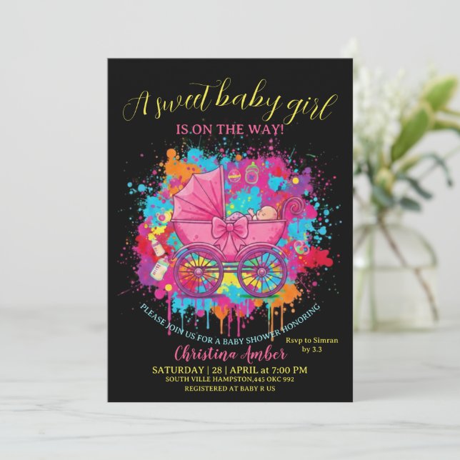 Convites Pink Bow Baby Carriage Girl Baby Shower Invitation (Em pé/Frente)