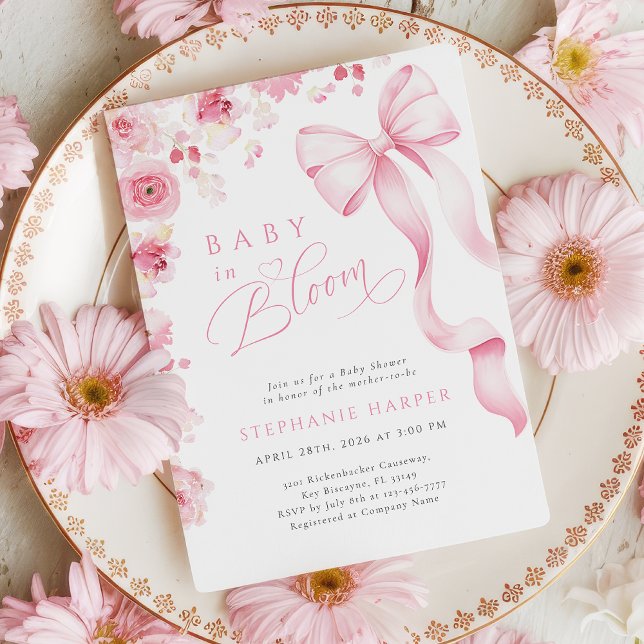 Convites Pink Bow Baby In Bloom Baby Shower Invitation  (Criador carregado)