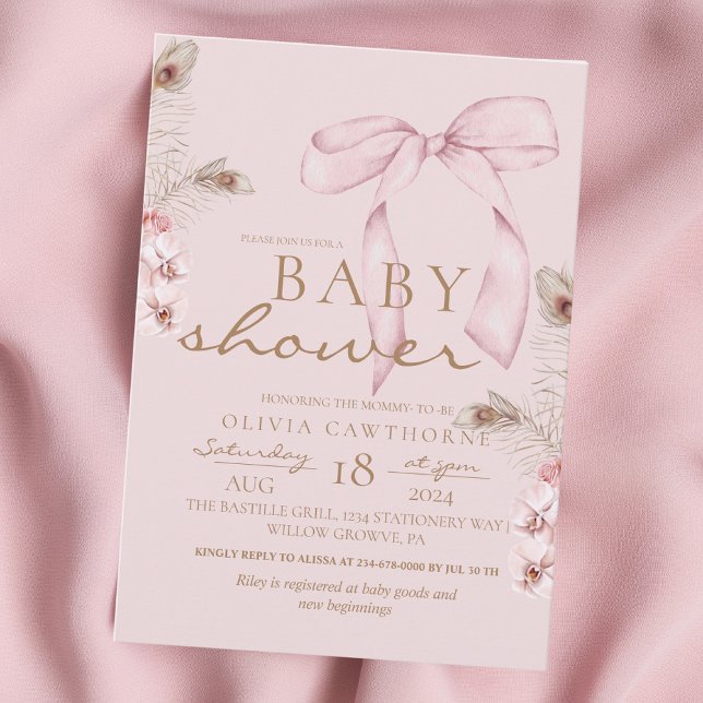 Convites Pink Bow Baby Shower Blush Pink (Criador carregado)