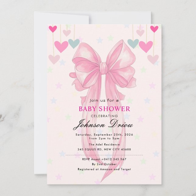 Convites Pink Bow Baby Shower | Elegant Watercolr (Frente)