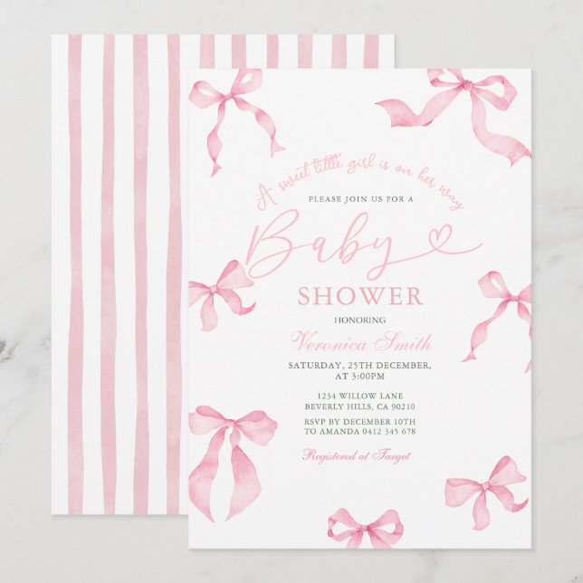 Convites Pink Bow Baby Shower Invitation (Frente/Verso)