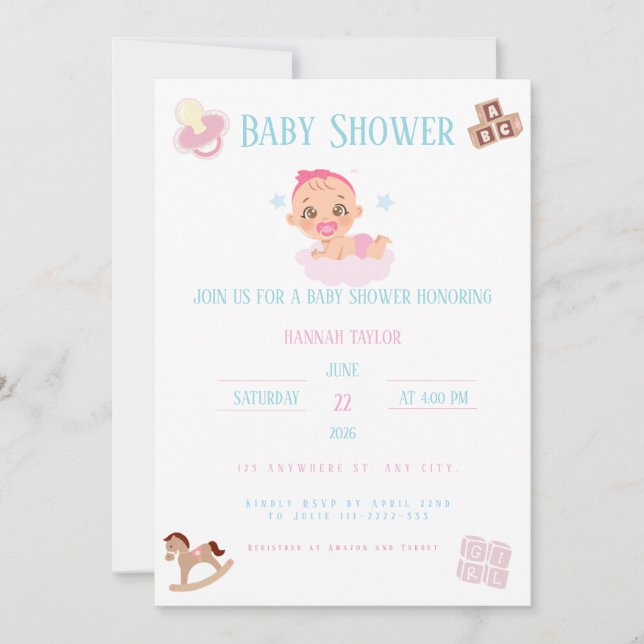 Convites Pink Bow Baby Shower Invitation Customizable (Frente)