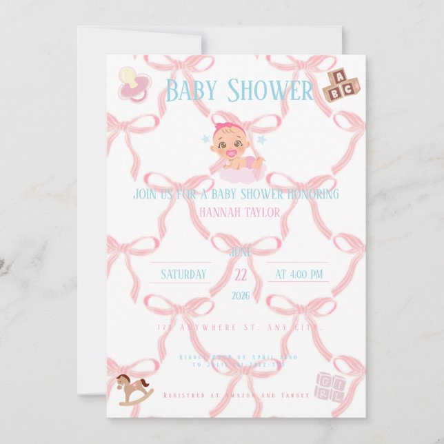 Convites Pink Bow Baby Shower Invitation Customizable (Frente)