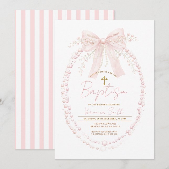 Convites Pink Bow Baptism Watercolor Girl Christening (Frente/Verso)