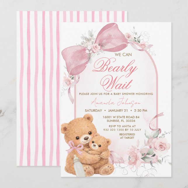 Convites Pink bow Bearly Wait Baby Shower Invitation (Frente/Verso)