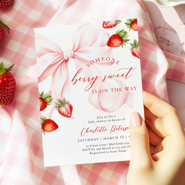 Convites Pink Bow Berry Sweet Baby Shower Invitation (Criador carregado)