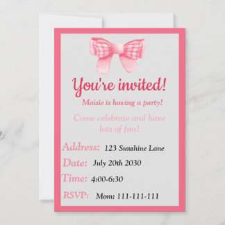 Convites Pink Bow Birthday Invitation