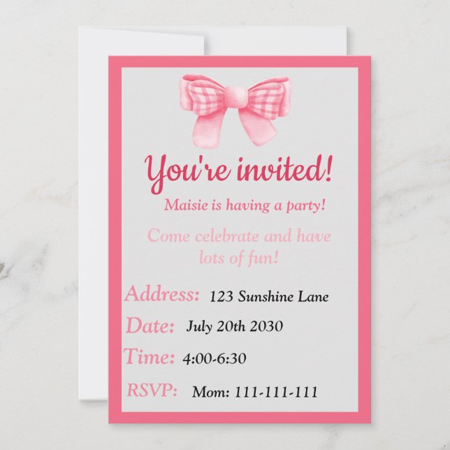 Convites Pink Bow Birthday Invitation (Frente)