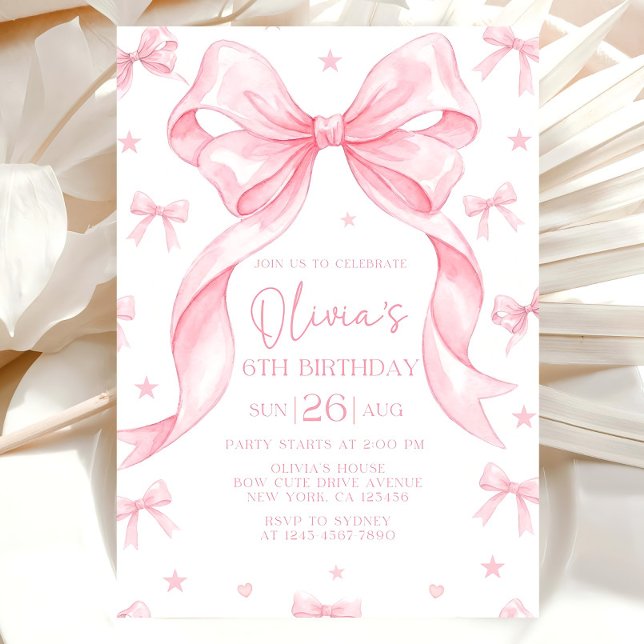 Convites Pink Bow Birthday Invitation, Girl Pink Birthday  (Criador carregado)