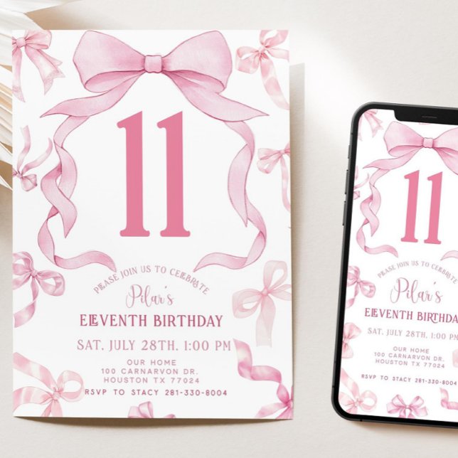 Convites Pink Bow Birthday Invite, Girls 11th Birthday Invi (Criador carregado)
