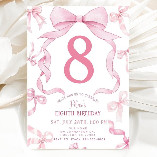 Convites Pink Bow Birthday Invite, Girls 8th Birthday Invit (Criador carregado)