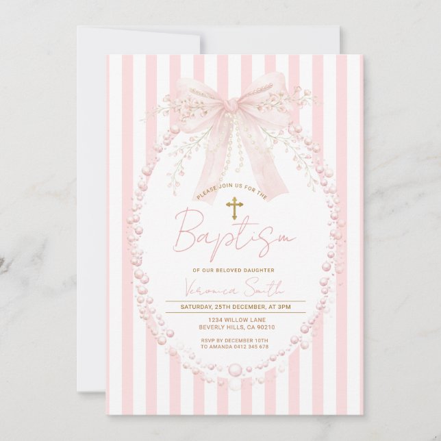 Convites Pink Bow Blush Cross Stripes Baptism Invitation (Frente)