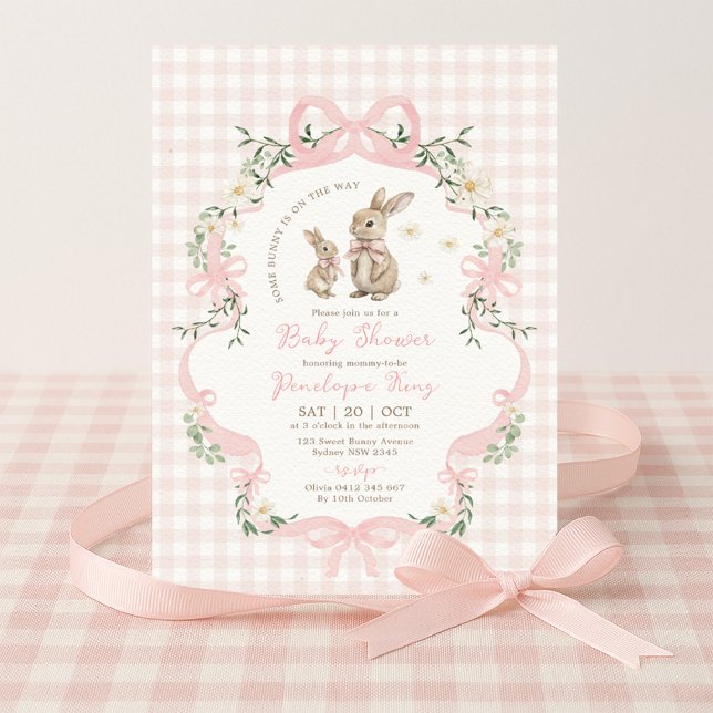 Convites Pink Bow Bunny Gingham Floral Girl Baby Shower (Criador carregado)