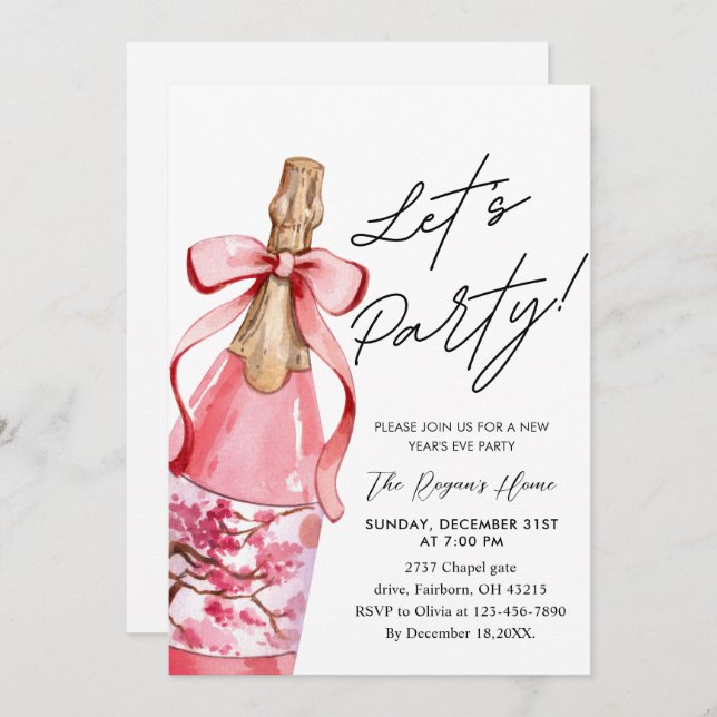 Convites Pink Bow Champagne Bottle New Year's Eve Party (Frente/Verso)