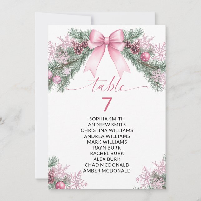 Convites Pink Bow Christmas Table Number Seating Chart (Frente)