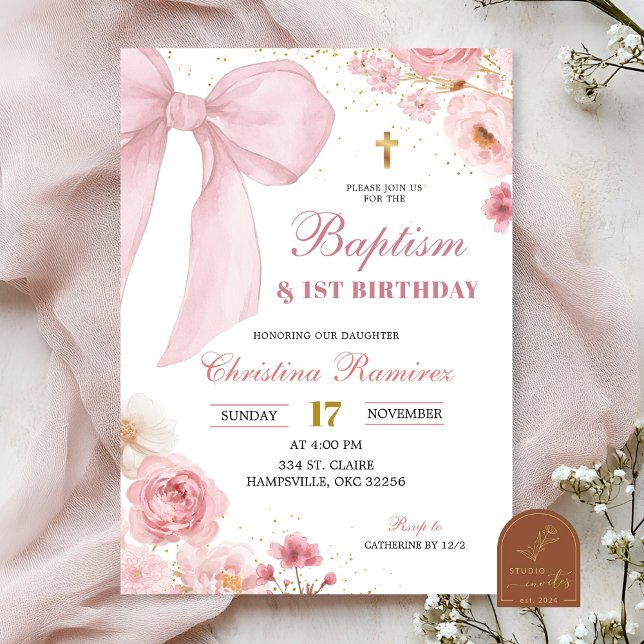 Convites Pink Bow coquette Baptism & First Birthday  (Criador carregado)